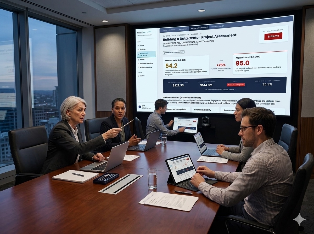 People around a meeting table with POPM displayed on a shared screen and individual devices.